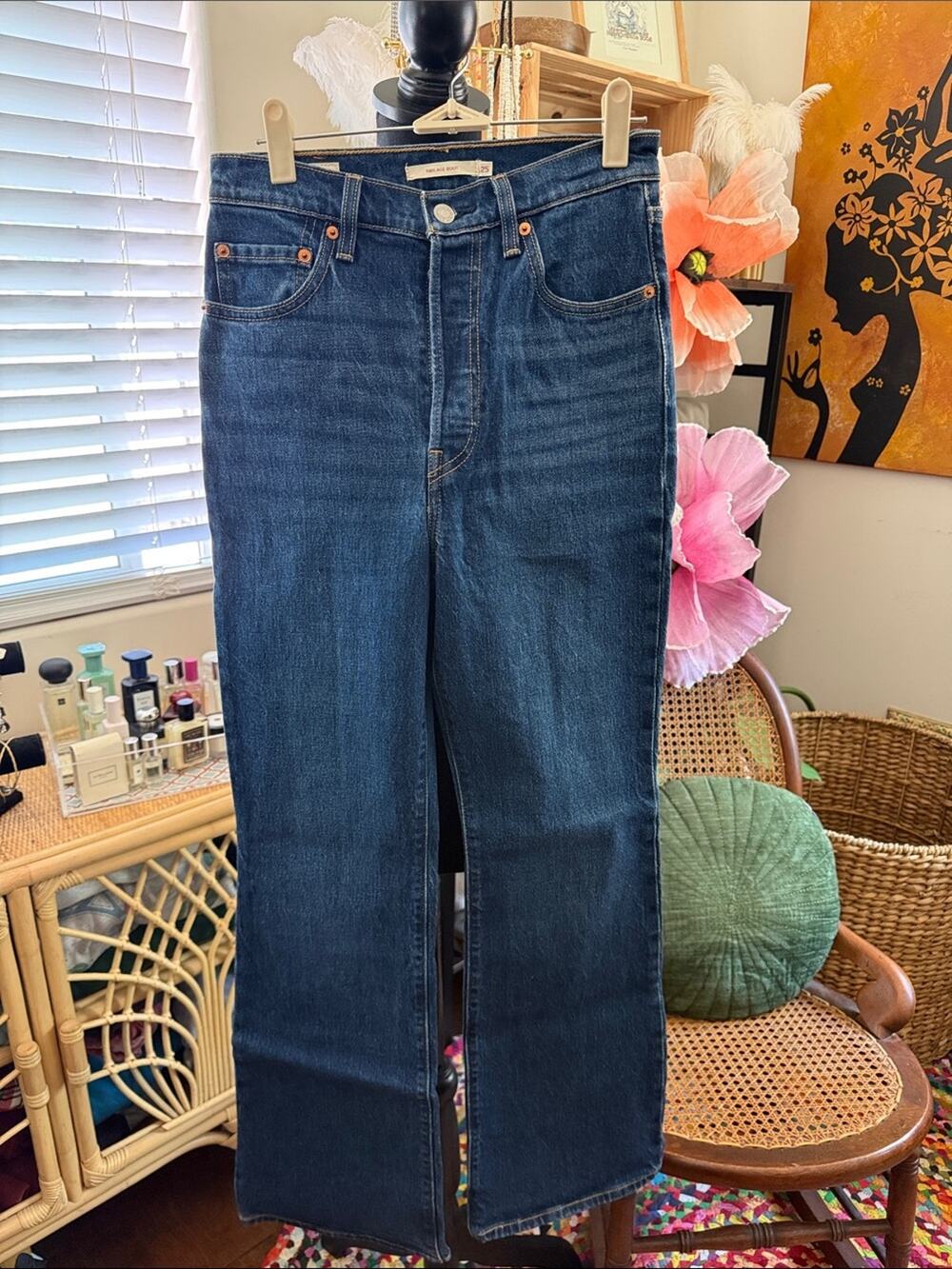 Levi’s Blue Ribcage Boot High Rise Button Fly  Boho Hippie Flare Denim Jeans